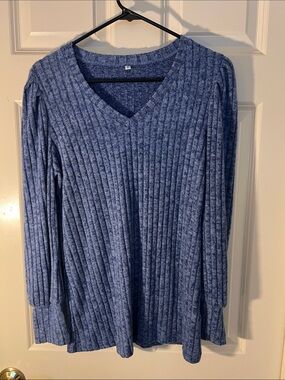 Blue Ribbed V-Neck Women's Sweater
